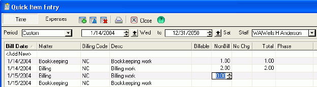Time Matters Quick Item Entry Window