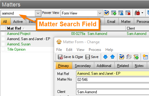 Search the entire Matter Name field with the Matter Search field