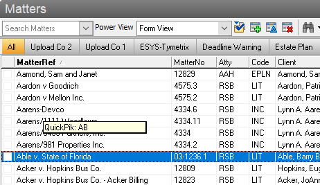 Start typing the Matter Name. The first matching Matter is highlighted.