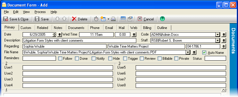 Time Matters Document Form - Add