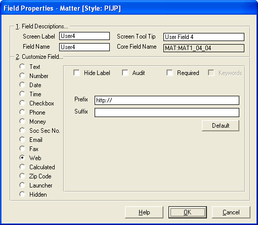 Field Properties window for Web field